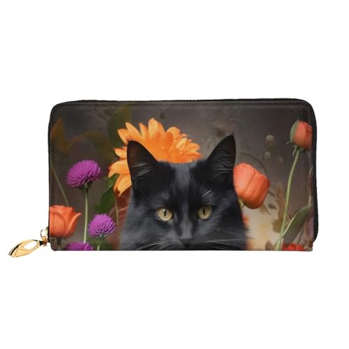 BKTRAVERPT Lange Ledergeldbörse mit schwarzer Katze und Blume mit Reißverschluss – stilvoller Kreditkarten-Organizer, Clutch für Damen und Herren, Handy-Geldbörse, 3D-Druckmuster, Einheitsgröße, von BKTRAVERPT