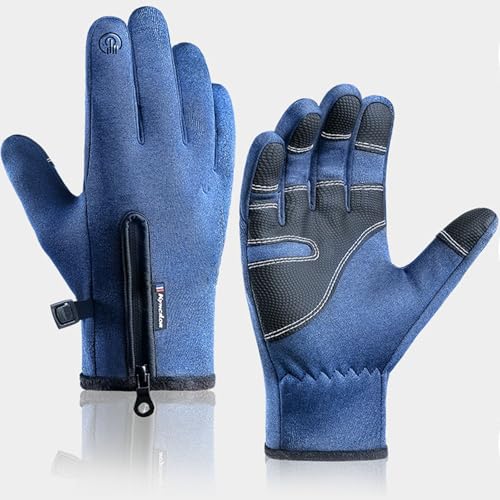 Winter Gepolstertes, Atmungsaktives, Warmes Leder Fahrradhandschuhe Einstellbarer Touchscreen, Winddicht, KäLtebestäNdig, Wasserdicht, FüNf Finger Fahradhandhandschuhe Herren (Blau, L) von BLAFT