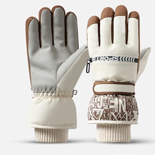 Winter MäNner Und Frauen Gepolstertes Atmungsaktives Warmes Leder Handschuhe wasserdicht Adjustable Touch Screen Windproof Coldproof Waterproof Five Fingers Handschuhe Full Fingers (Beige, 32 * 13) von BLAFT