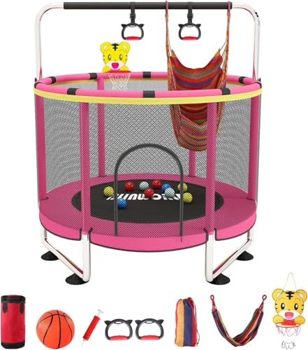 Trampolin für Kinder, verstellbares Baby-/Kleinkindtrampolin mit Basketballkorb, 200 kg tragfähiges Indoor-/Outdoor-Kleinkindtrampolin mit Umzäunung (Rosa) von BLINWORLD