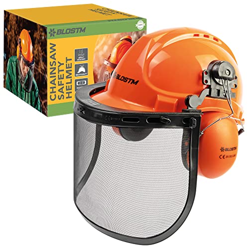 BLOSTM ﻿﻿Schutzhelm Kettensäge - 3-in-1 Orange Forsthelm, Schutzhelm mit Visier Stahlnetz, Forstschutzhelm mit integriertem Gehörschutz, Verstellbarer Kettensägen Helm mit Ratschensystem von BLOSTM