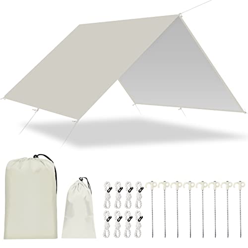 Camping Zeltplane 300 cm x 300 cm/400 cm wasserdichte Anti-UV-Hängemattenplane mit 8 Erdnägeln und 8 Seilen für Picknick im Freien von BLUEVER