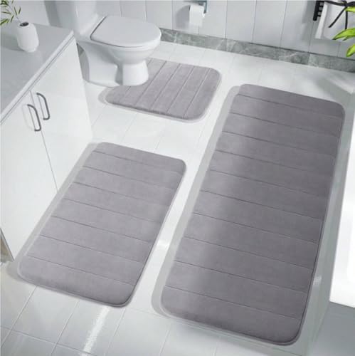 Badezimmerteppich Set 3 Teilig, Memory Foam Badematte Set rutschfest Waschbar, Super Saugfähiger Weich Badvorleger Badgarnitur Bathroom Mat Toilettenmatte Für Dusche, Badewanne Und Wc B von BLUEZY