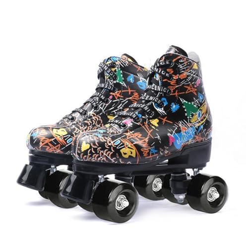 BMOZRM Rollschuhe Damen Vier Räder Rollerskates for Erwachsene Blitz Doppelreihe Rollschuhe Damen for Mädchen Jungen Schläfrig(Color:Black Doodle+Black Wheel,Size:45 EU) von BMOZRM