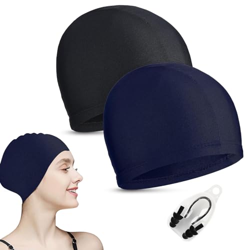 2 Stück Unisex Badekappe rutschfeste, Komfort und Elastisch Schwimmkappe, Elastische Badekappen, Bequemer Stoff Schwimmhaube mit Nasenclip-Ohrstöpsel-Set(Schwarz und Königsblau) von BNOYONERAS