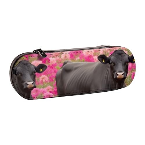 BNVSADC Federmäppchen und Make-up-Tasche aus Leder mit Blumenshow-Steer-Kühen und Rinder-Motiv, stilvolle Hartschalen-Bleistifttasche, Schreibwaren-Organizer-Tasche für Schule, Büro, Reisen, Schwarz , von BNVSADC