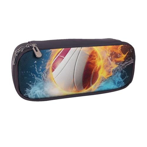 BNVSADC Federmäppchen und Make-up-Tasche aus Leder mit Volleyball-Motiv, mit Eis- und Feuermotiv, stilvolles Federmäppchen für Schule, Büro, Reisen, Schwarz , Einheitsgröße, Kosmetiktasche von BNVSADC