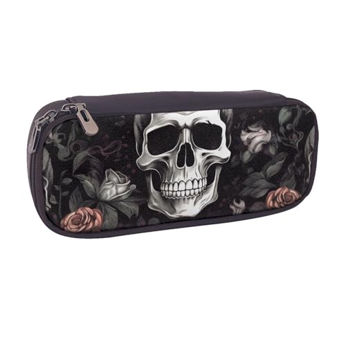 BNVSADC Schwarzes Federmäppchen und Make-up-Tasche aus Leder mit Halloween-Totenkopf-Motiv, stilvolles Federmäppchen für Schule, Büro, Reisen, Schwarz , Einheitsgröße, Kosmetiktasche von BNVSADC