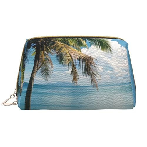 Bedruckte Make-up-Tasche für Damen, Motiv: Strand und Palme, tragbare Leder-Make-up-Tasche, Reise-Kosmetiktasche mit Reißverschluss, weiß, Einheitsgröße, Kosmetiktasche von BNVSADC