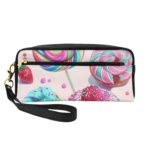 Bunte Make-up-Tasche aus Leder mit süßem Lutscher, Cupcake-Donut-Motiv, mit Handschlaufe, tragbare Reise-Kulturbeutel, Kosmetik-Organizer-Tasche für Damen, Schwarz , Einheitsgröße, Kosmetiktasche von BNVSADC