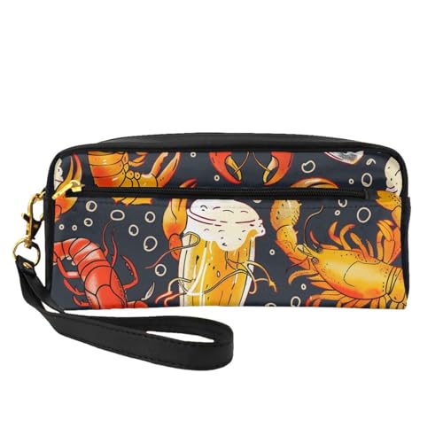 Make-up-Tasche aus Leder mit Bier- und Krebsmuster, mit Handschlaufe, tragbar, Reise-Kulturbeutel, Kosmetik-Organizer-Tasche für Damen, Schwarz , Einheitsgröße, Kosmetiktasche von BNVSADC