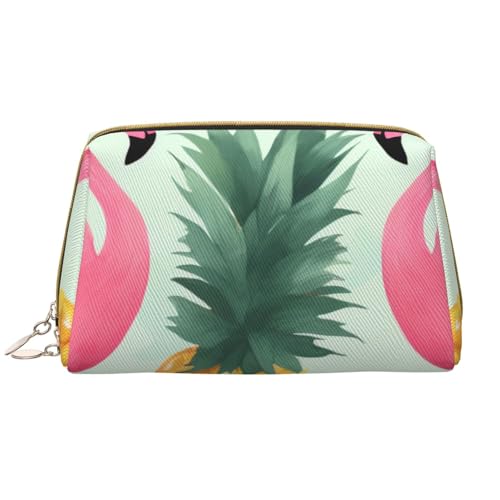 Make-up-Tasche mit Cartoon-Flamingo-Ananas-Motiv, für Damen, tragbar, Leder, Make-up-Tasche, Reise-Kosmetiktasche, Organizer, weiß, Einheitsgröße, Kosmetiktasche von BNVSADC