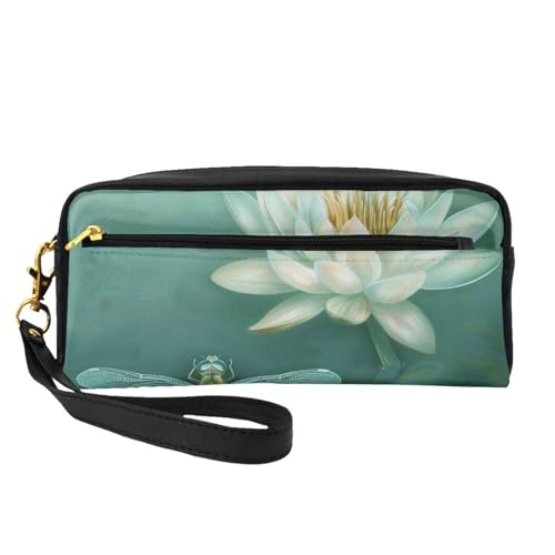 Make-up-Tasche mit Libelle mit Seerose, bedruckt, Leder, mit Handschlaufe, tragbare Reise-Kulturbeutel, Kosmetik-Organizer-Tasche für Damen, Schwarz , Einheitsgröße, Kosmetiktasche von BNVSADC