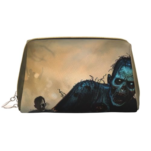 Make-up-Tasche mit vielen Zombie-Aufdruck, für Damen, tragbar, Leder, Make-up-Tasche, Reise-Reißverschluss, Kosmetiktasche, weiß, Einheitsgröße, Kosmetiktasche von BNVSADC