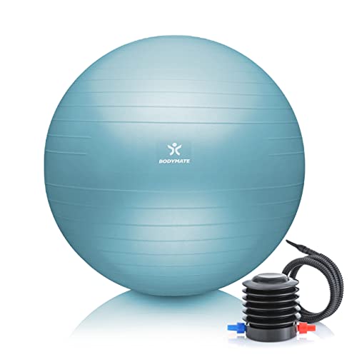 BODYMATE Gymnastikball Sitzball Trainingsball mit GRATIS E-BOOK inkl. Luft-Pumpe, Ball für Fitness, Yoga, Gymnastik, Core Training, für starken Rücken als Büro-Stuhl ICY BLUE 65cm von BODYMATE