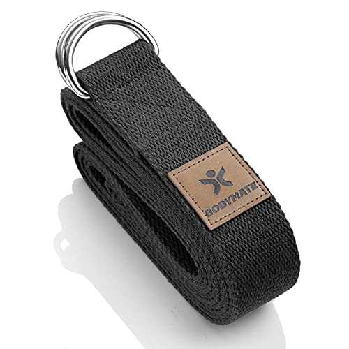 BODYMATE Yogagurt mit Verschluss aus Metall, Yoga-Band für Anfänger und Fortgeschrittene, Yoga-Schlaufe aus 100% Baumwolle, Yoga-Strap 250cm lang und 3,8 cm breit, Black von BODYMATE