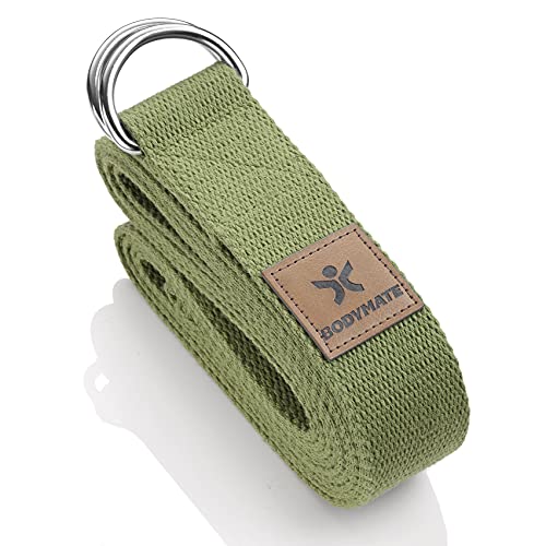 BODYMATE Yogagurt mit Verschluss aus Metall, Yoga-Band für Anfänger und Fortgeschrittene, Yoga-Schlaufe aus 100% Baumwolle, Yoga-Strap 250cm lang und 3,8 cm breit, Olive Green von BODYMATE