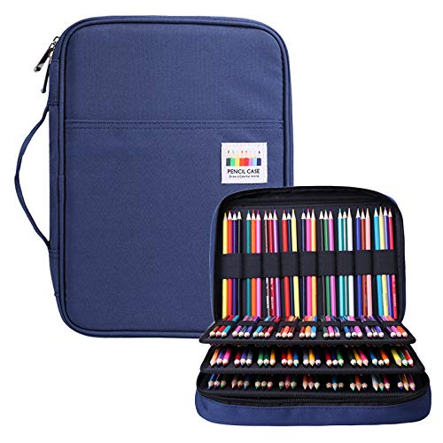 BOMKEE Federmäppchen mit 220 Schlitze Mehrschichtige Bleistift Organizer für Prismacolor Aquarell Bleistifte, Crayola Buntstifte, Marco-Stifte, Kosmetikpinsel(Blau) von BOMKEE