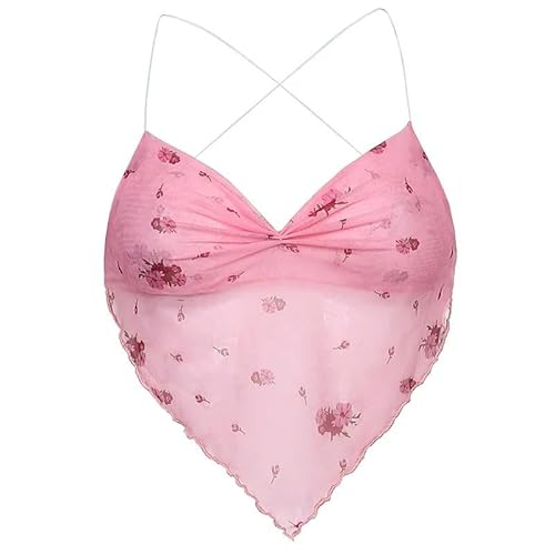 BOOUJKD Damen Tank Top Frauen Sexy Sheer Mesh Camisole Ärmellose Spaghetti Strap Cami Top Floral Tie Back Crop Cami-Rosa-S von BOOUJKD