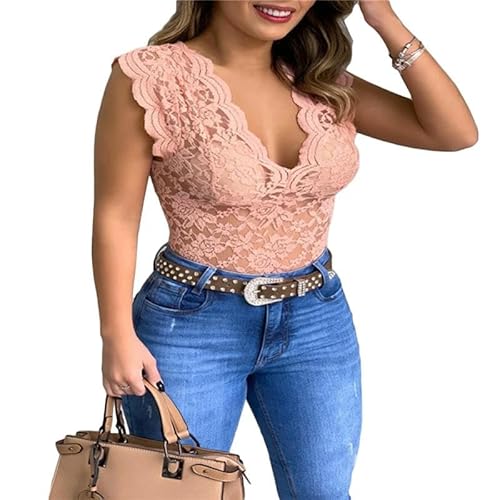 BOOUJKD Damen Tank Top V-Ausschnitt Spitze Weste Top Frauen Solide Ärmellose Tank Tops Weibliche Floral Hohl Out Bodycon T Shirt Weste-Pink-XXL von BOOUJKD