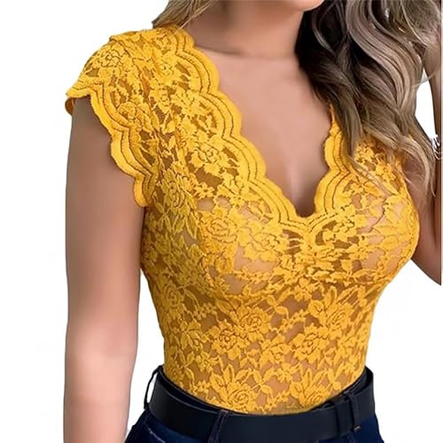 BOOUJKD Slim Fit Oberteile Sommer Sexy Spitze Cami Häkelweste Casual Einfarbige Frauen Top Trend Spitze Hohl Out Top Für-Gelb-XXL von BOOUJKD