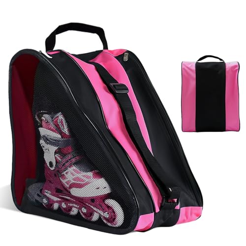 Rollschuhtasche, Ice Skate Eishockey Bag mit Verstellbar Trageriemen, Drei-Fächer-Design Inliner Tasche mit Atmungsaktivem Netz, Rollschuh Tasche für Eisbahnen, Trainingsgelände, Skigebiet (Rosa) von BORDEAG