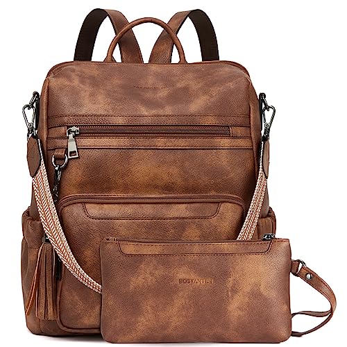 BOSTANTEN 2 Pieces Leder Rucksack Damen Freizeitrucksack Reise Handtasche Rucksackhandtasche Tagesrucksack mit Handgelenktasche Braun von BOSTANTEN