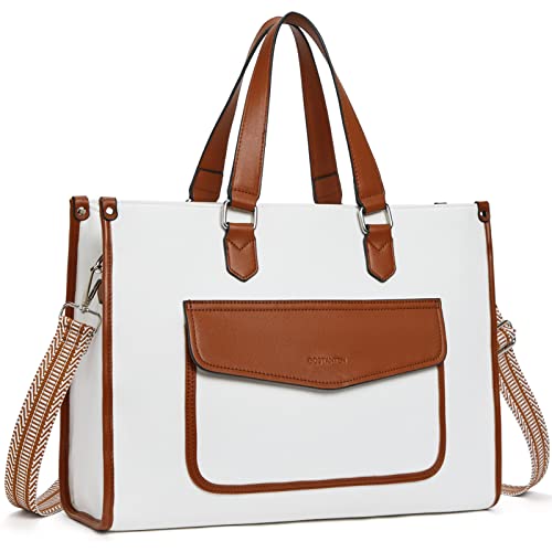 BOSTANTEN Laptop Tote Bag Damen Canvas Arbeitstasche 15.6 Zoll Aktentasche Frauen Shopper Große Handtasche für Büro Reisen,Braun mit Beige von BOSTANTEN