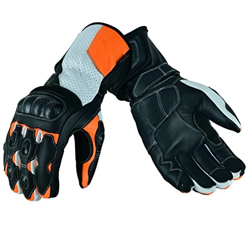 BOSmoto Herren Motorrad Handschuhe Leder Sport Carbon Motorradhandschuhe mit Protektoren, Orange (L) von BOSmoto