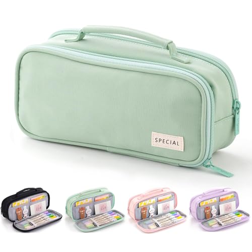 BOZIEE Federmäppchen 3 Fächer große Kapazität Federtaschen Mäppchen Pencil Case mit Tragegriff für Schule, Büro, Jugendliche, Erwachsene (Grün) von BOZIEE