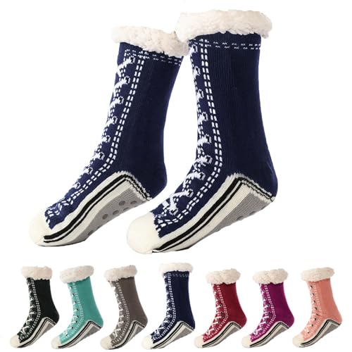 BQWXIEC Damen Herren Ultradicke Kaschmir-Hausschuhsocken, Winter-Hausschuhsocken mit Rutschfesten Hausschuhsocken Schimmernde Weihnachten (Blue,one Size) von BQWXIEC