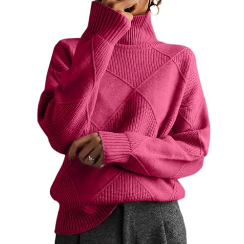 BQWXIEC Damen-Kaschmirpullover, gestrickter Rippenpullover, lockerer Rollkragenpullover aus Kaschmirmischung, grob gestrickter Winterpullover (X-Large,Turtle Neck Rose) von BQWXIEC