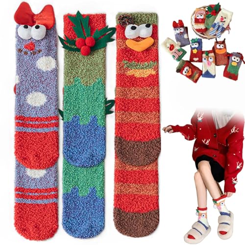 BQWXIEC Dreidimensionale, witzige Socken aus Korallensamt, flauschige Weihnachtssocken, Cartoon-Monster-Socken, gemütliche, flauschige Cartoon-Monster-Socken (Einheitsgröße, 3 Stück) von BQWXIEC