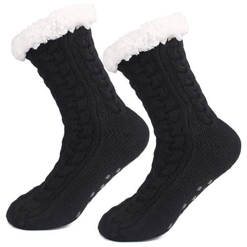 BQWXIEC Fleecesocken Haussocken Fleecesox - Fleecegefütterte rutschfeste Thermo-Hausschuhsocken Flauschige Socken mit Greifern für Damen und Herren (Black,One Size) von BQWXIEC