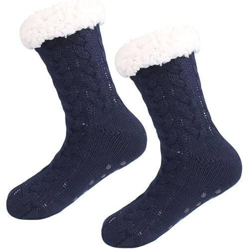 BQWXIEC Fleecesocken Haussocken Fleecesox - Fleecegefütterte rutschfeste Thermo-Hausschuhsocken Flauschige Socken mit Greifern für Damen und Herren (Navy Blue,One Size) von BQWXIEC