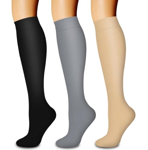 BQWXIEC Kompressionssocken, Socken breite Kompressionssocken Beste Unterstützung für sportliches Laufen, Wandern, Kompressionssocken für Damen (06-Black/Grey/Nude,X-Small) von BQWXIEC