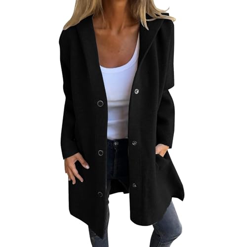 BQWXIEC Lässige einreihige Kapuzenjacke, einreihige Jacke Damen, Kapuzenjacke Damen mit Druckknöpfen (5X-Large,Black) von BQWXIEC