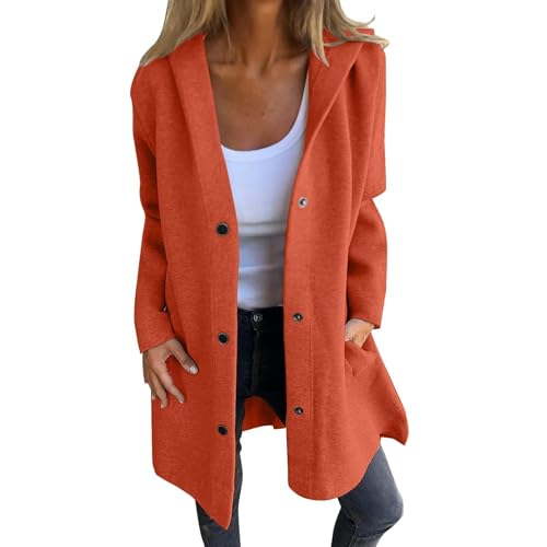 BQWXIEC Lässige einreihige Kapuzenjacke, einreihige Jacke Damen, Kapuzenjacke Damen mit Druckknöpfen (Medium,Coffee) von BQWXIEC