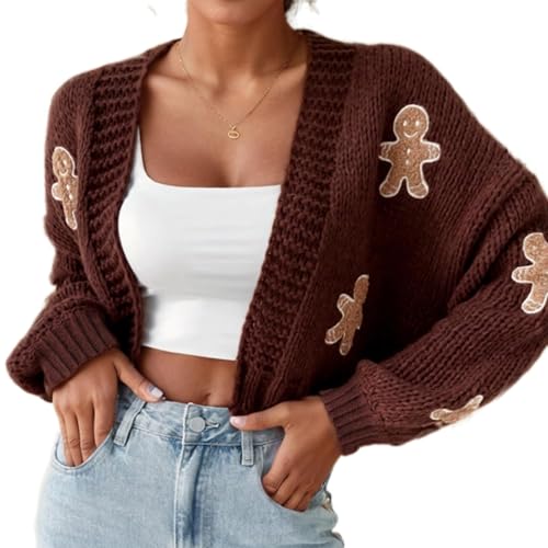 BQWXIEC Lebkuchen-Strickjacke für Damen, Weihnachten, vorne offen, bauchfrei, weihnachtlicher Lebkuchenmann, Strickjacke (Braun, Größe M) von BQWXIEC