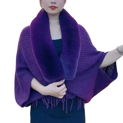 BQWXIEC Winter-Strickschal mit Fransen und Pelzkragen, locker gestrickter, verdickter Schalmantel für Damen, Wickel für Hochzeiten und Abendkleider (Purple,one Size) von BQWXIEC