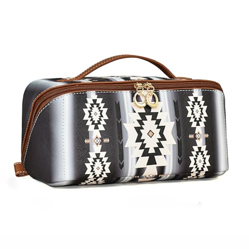 Make-up-Tasche im Boho-Stil im Western-Stil, PU, lässiger Colorblock-Make-up-Organizer, Kosmetiktasche im Boho-Stil für Damen, Schwarz , Einheitsgröße von BQWXIEC