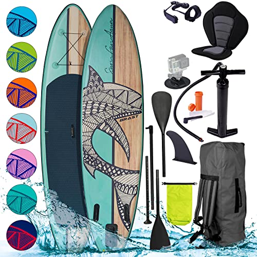 BRAST SUP Board Shark | Aufblasbares Stand up Paddle Set | 300-365cm viele Modelle | inkl. Zubehör Fußschlaufe Paddel Pumpe Rucksack | Blau Grün Gelb Rot Türkis Orange Pink | Natural 300 von BRAST