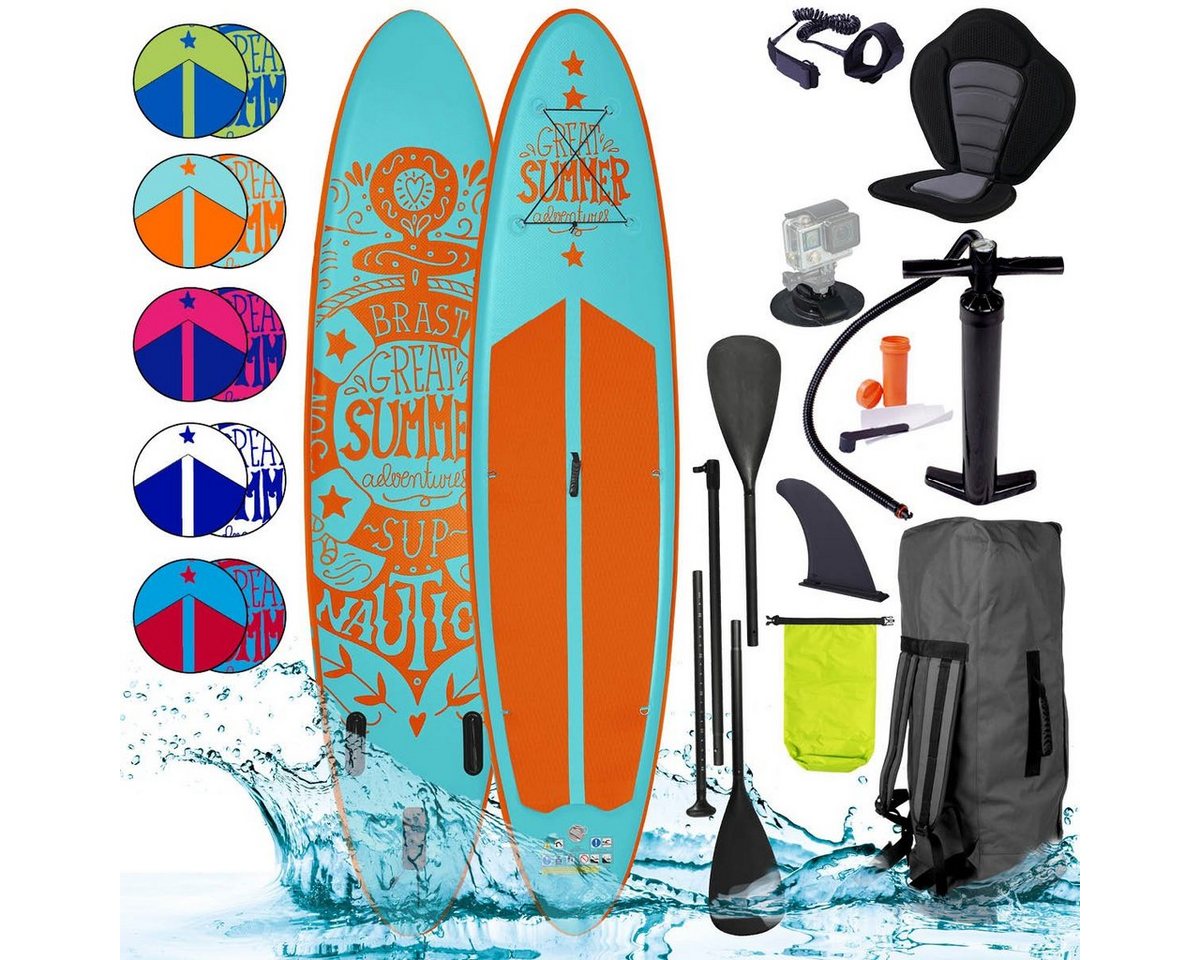 BRAST SUP-Board Summer Aufblasbares Stand up Paddle Set - 320x81x15cm, 5 Jahre Garantie inkl. Sonderzubehör, (2in1 Paddel Kajak-Sitz Action-Cam-Halterung), Fußschlaufe Paddel Pumpe Rucksack von BRAST