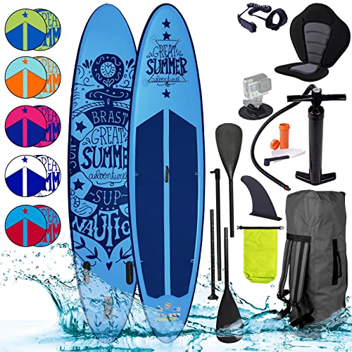 BRAST SUP Board Summer | Aufblasbares Stand up Paddle Set | 320x81x15cm viele Modelle | inkl. Zubehör Fußschlaufe Paddel Pumpe Rucksack | Blau Rot Grün Orange Türkis Pink Weiß | 320 blau von BRAST