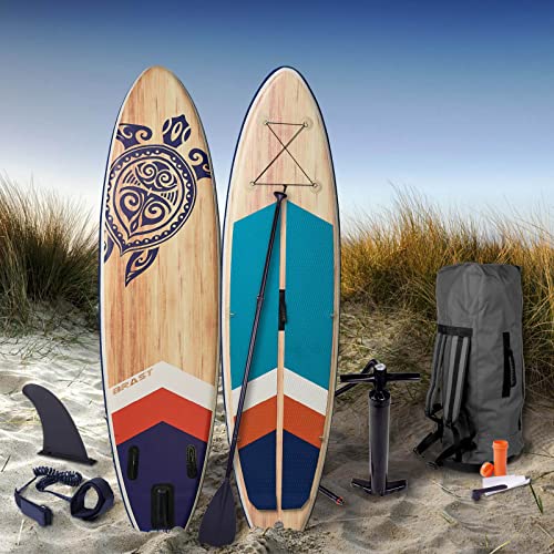 BRAST SUP Board Tribal Ocean Sixties Turtle & Natural | Aufblasbares Stand up Paddle Set | 320x81x15cm viele Modelle | inkl. Zubehör | 5 Jahre Garantie | Fußschlaufe Paddel Pumpe Rucksack | Turtle von BRAST