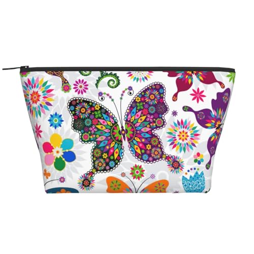 Make-up-Tasche mit buntem Schmetterlings- und Blumendruck, Reißverschluss-Organizer-Tasche, Reise-Handtasche, modische Make-up-Tasche, bunte Schmetterlinge und Blumen, Einheitsgröße, Bunte von BREAUX