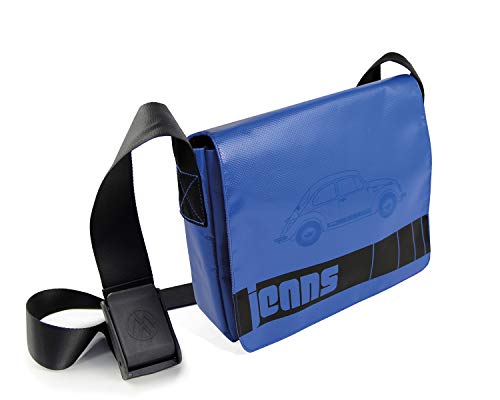 BRISA VW Collection - Volkswagen Große Jeans-Schulter-Umhänge-Tasche mit Käfer Design aus LKW-Plane 33 x 40 x 12 cm (Jeans Beetle/Blau) von BRISA