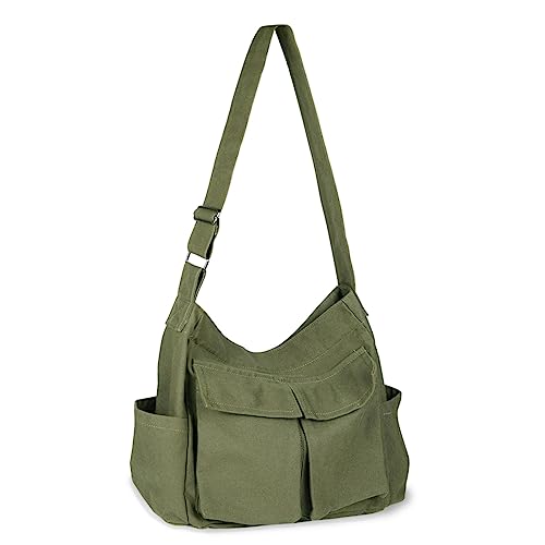 BROADREAM Canvas Shoulder Bag mit viel kapazität - Multifunktionale Messenger Bag Vintage für Frauen und Männer, Verstellbarem Riemen Hobotasche Crossbody Bag geeignet für Einkaufen Schule,Armee grün BROADREAM Canvas Shoulder Bag mit viel kapazität - Multifunktionale Messenger Bag Vintage für Frauen und Männer, Verstellbarem Riemen Hobotasche Crossbody Bag geeignet für Einkaufen Schule,Armee grün von BROADREAM