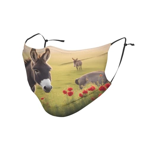 BROLEO Wiederverwendbare Maske für Erwachsene, weich, atmungsaktiv, geeignet für Camping, Laufen, Reisen, den täglichen Gebrauch, Esel- und Blumenmuster von BROLEO