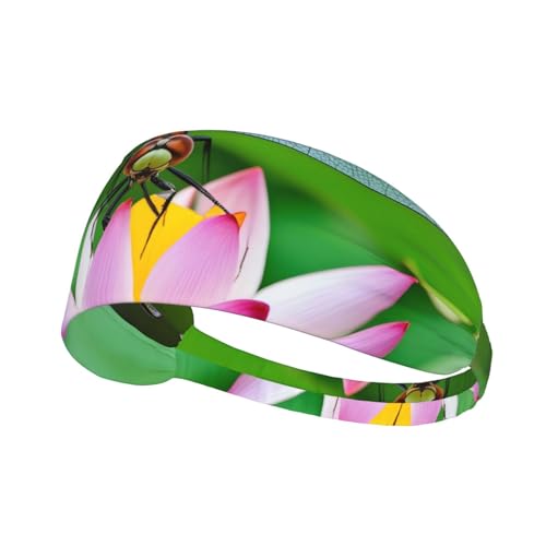 Elastisches Aldult-Stirnband für Damen und Herren, feuchtigkeitsableitend, athletisch, zum Laufen, Trainieren von Libelle auf Lotusblütenmuster von BROLEO
